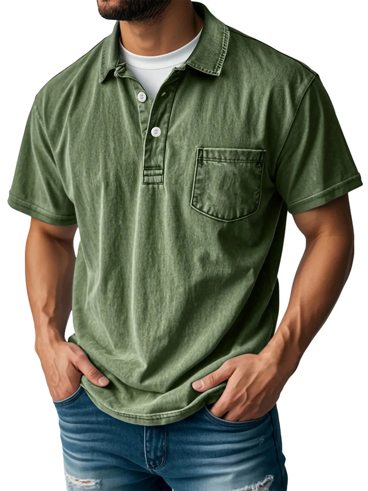 Men's Retro Lapel Button Pocket Casual Short Sleeve POLO Shirt