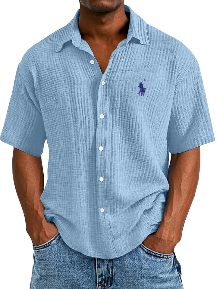 Men's Textured Short Sleeve Shirt - Breathable Loose Fit Casual Button-Up