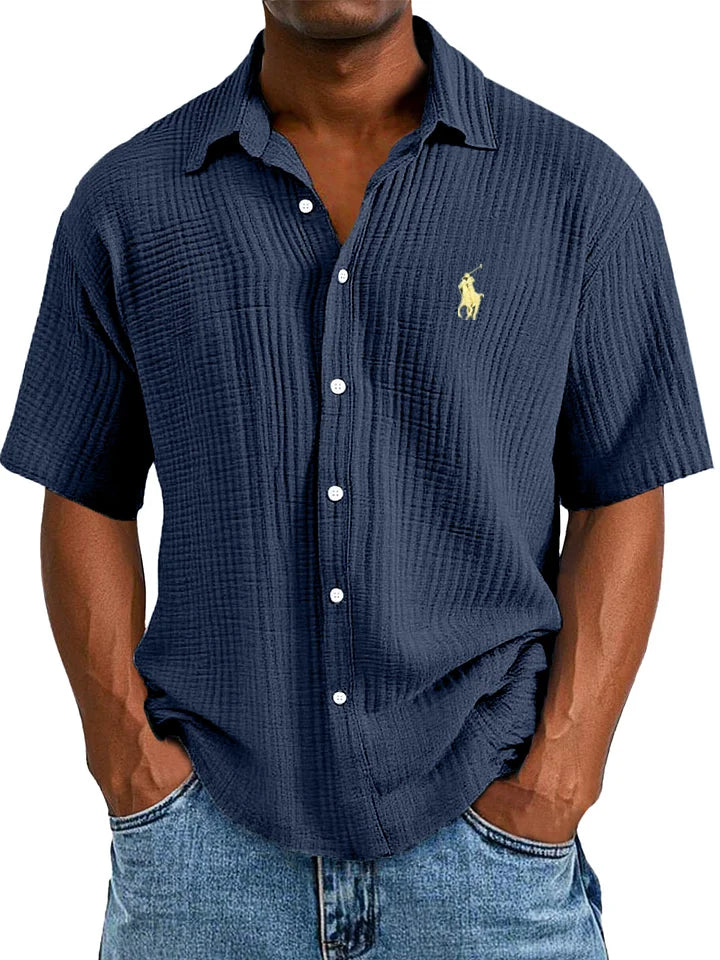 Men's Textured Short Sleeve Shirt - Breathable Loose Fit Casual Button-Up