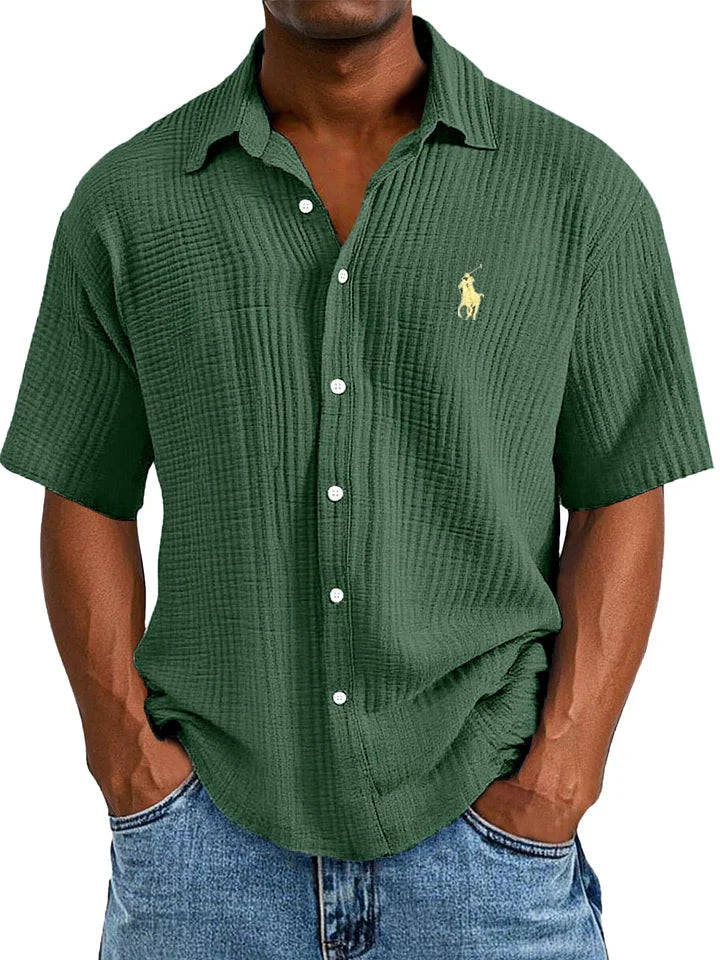 Men's Textured Short Sleeve Shirt - Breathable Loose Fit Casual Button-Up