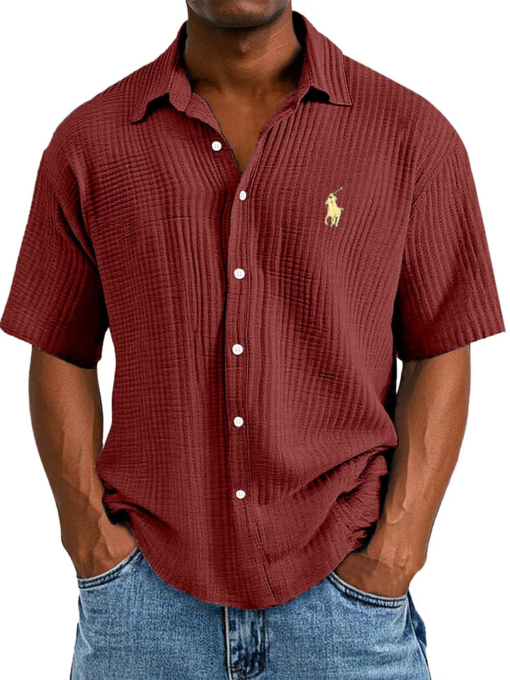 Men's Textured Short Sleeve Shirt - Breathable Loose Fit Casual Button-Up