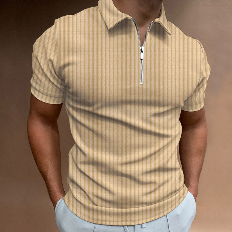 Men's Lapel Zipper Striped Polo Shirt T-Shirt