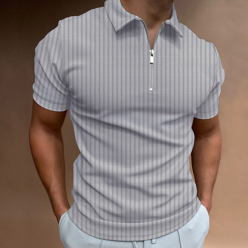 Men's Lapel Zipper Striped Polo Shirt T-Shirt