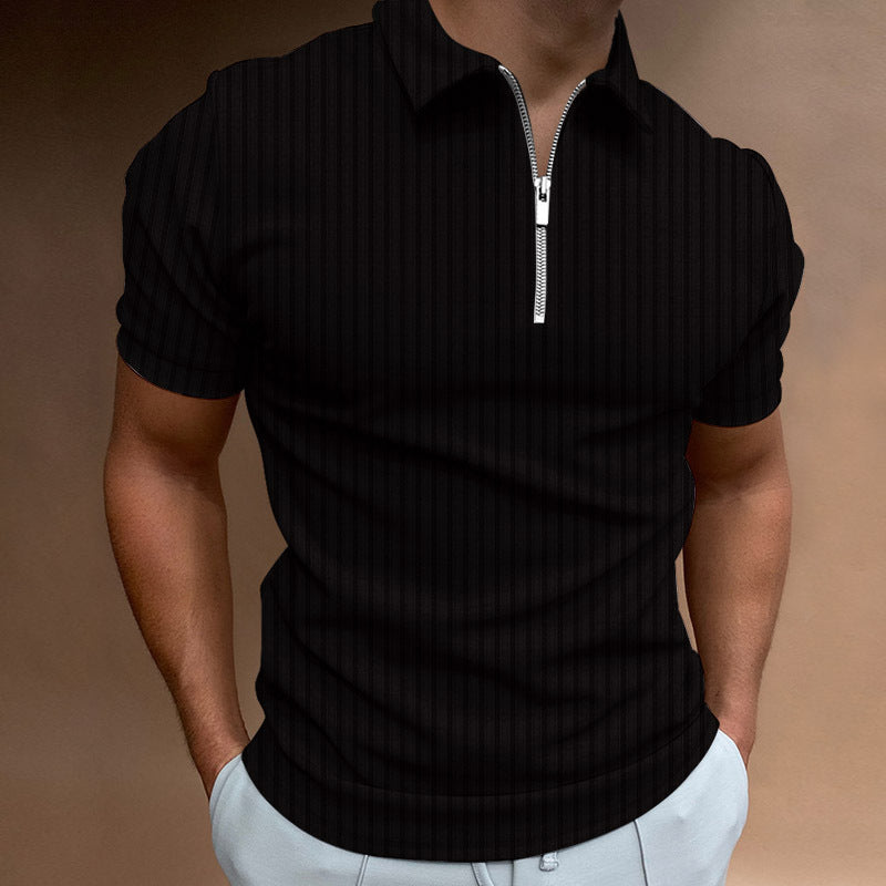 Men's Lapel Zipper Striped Polo Shirt T-Shirt