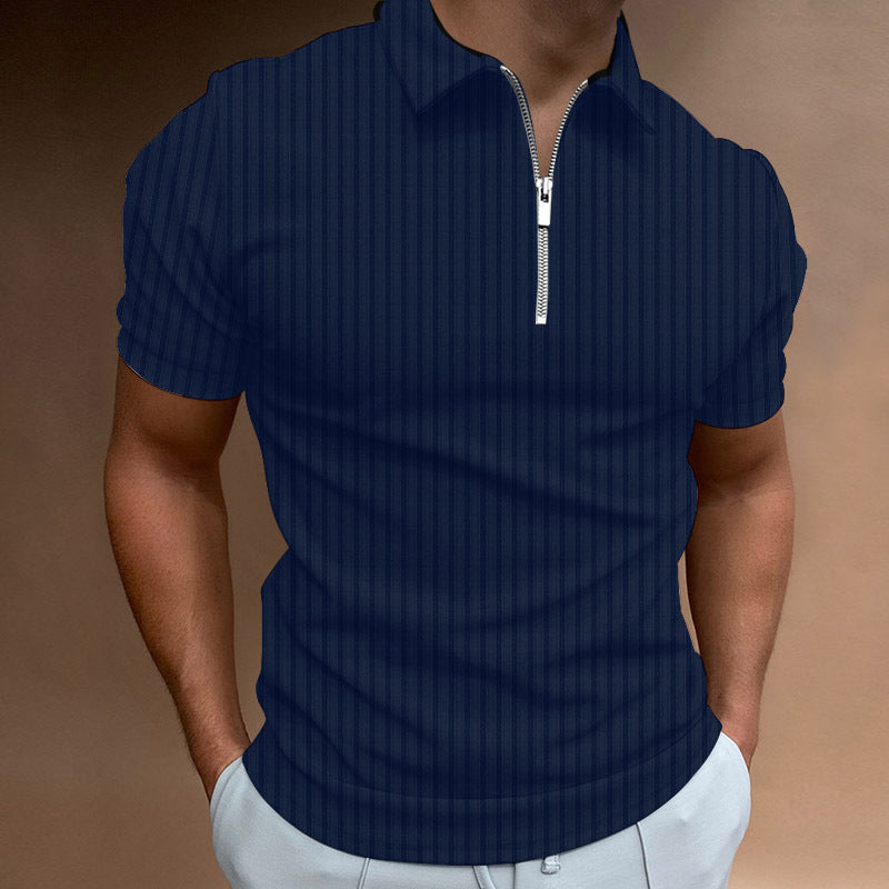 Men's Lapel Zipper Striped Polo Shirt T-Shirt