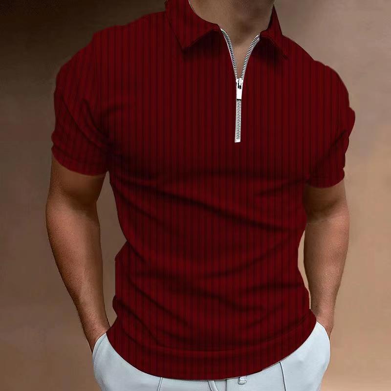Men's Lapel Zipper Striped Polo Shirt T-Shirt