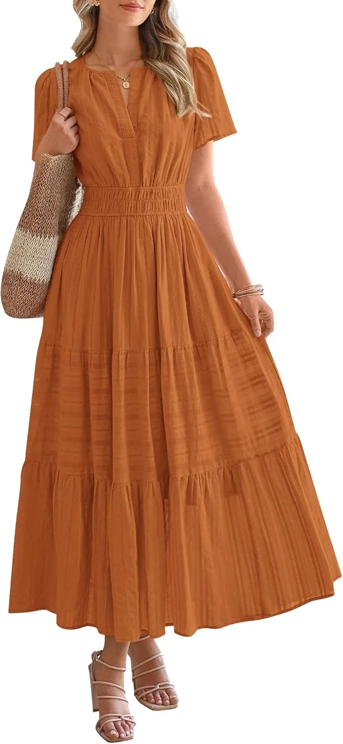 Boho Beach Dresses for Women 2025 | Lightweight Summer Midi/Maxi Dress with Pockets, V-Neck & Elastic Waist
