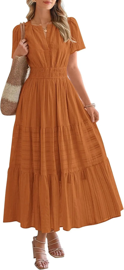 Boho Beach Dresses for Women 2025 | Lightweight Summer Midi/Maxi Dress with Pockets, V-Neck & Elastic Waist