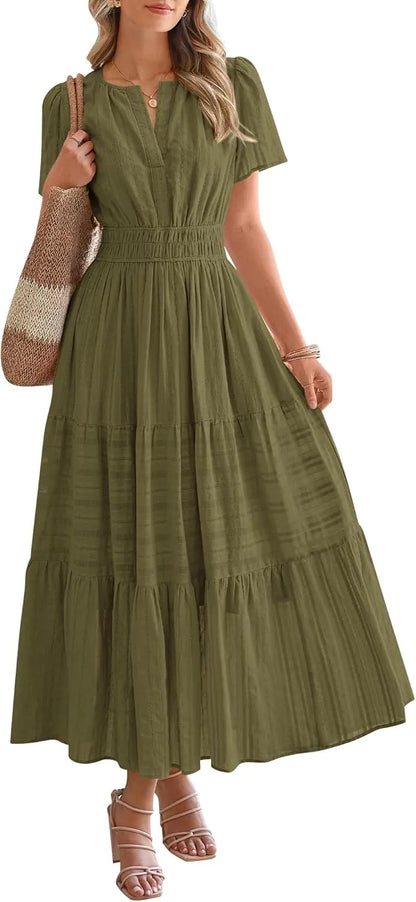 Boho Beach Dresses for Women 2025 | Lightweight Summer Midi/Maxi Dress with Pockets, V-Neck & Elastic Waist