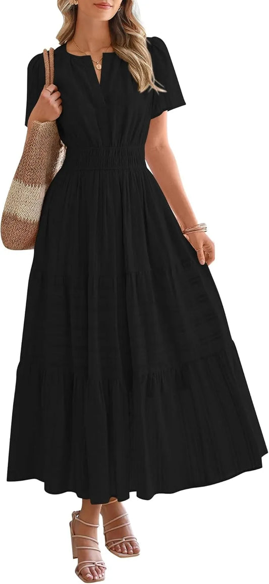 Boho Beach Dresses for Women 2025 | Lightweight Summer Midi/Maxi Dress with Pockets, V-Neck & Elastic Waist