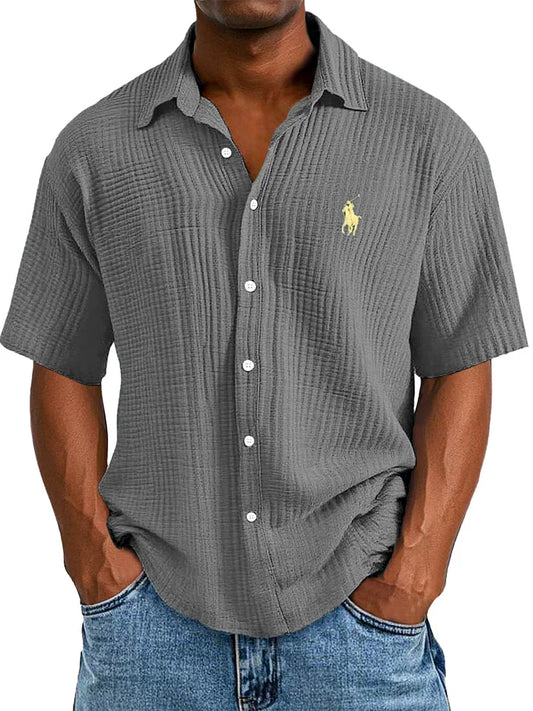 Men's Textured Short Sleeve Shirt - Breathable Loose Fit Casual Button-Up