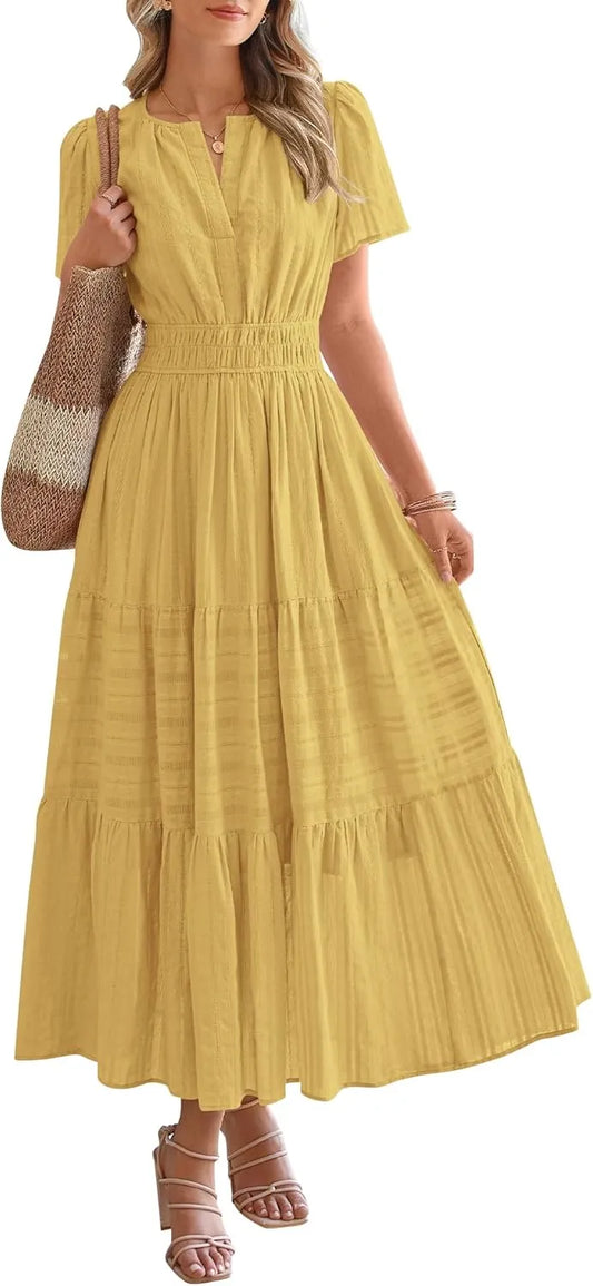 Boho Beach Dresses for Women 2025 | Lightweight Summer Midi/Maxi Dress with Pockets, V-Neck & Elastic Waist