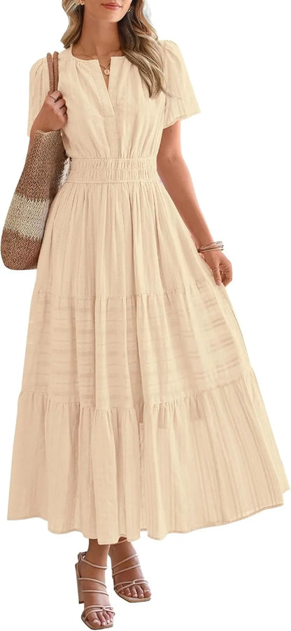 Boho Beach Dresses for Women 2025 | Lightweight Summer Midi/Maxi Dress with Pockets, V-Neck & Elastic Waist