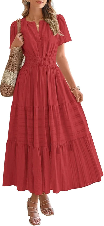 Boho Beach Dresses for Women 2025 | Lightweight Summer Midi/Maxi Dress with Pockets, V-Neck & Elastic Waist