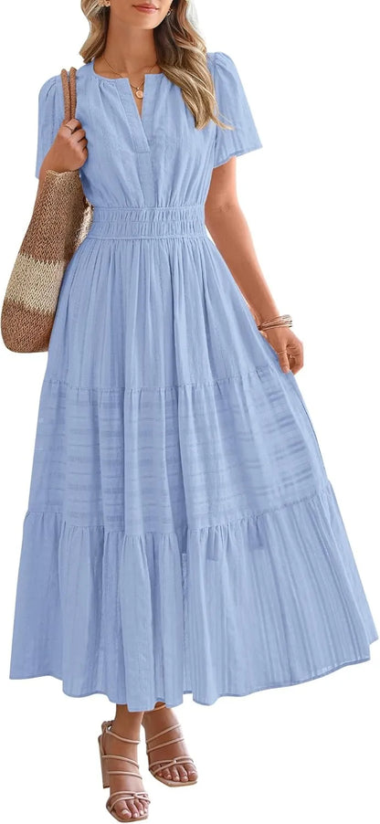 Boho Beach Dresses for Women 2025 | Lightweight Summer Midi/Maxi Dress with Pockets, V-Neck & Elastic Waist