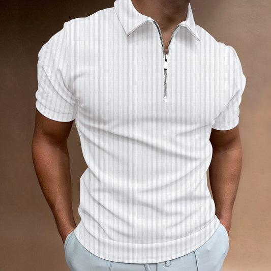 Men's Lapel Zipper Striped Polo Shirt T-Shirt