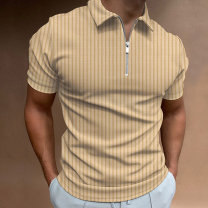 Men's Lapel Zipper Striped Polo Shirt T-Shirt