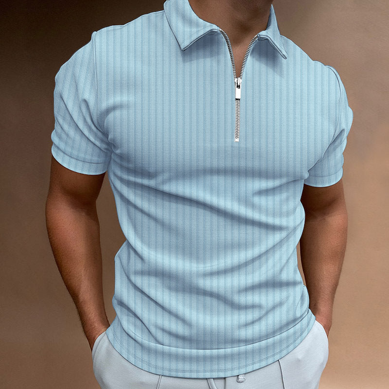 Men's Lapel Zipper Striped Polo Shirt T-Shirt